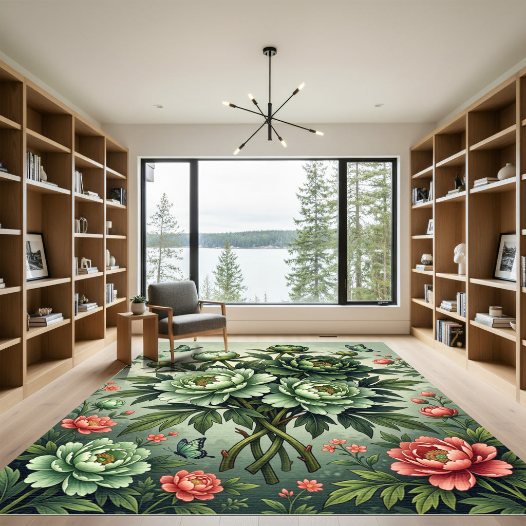 Soft Green Peony and Butterfly Garden Rug