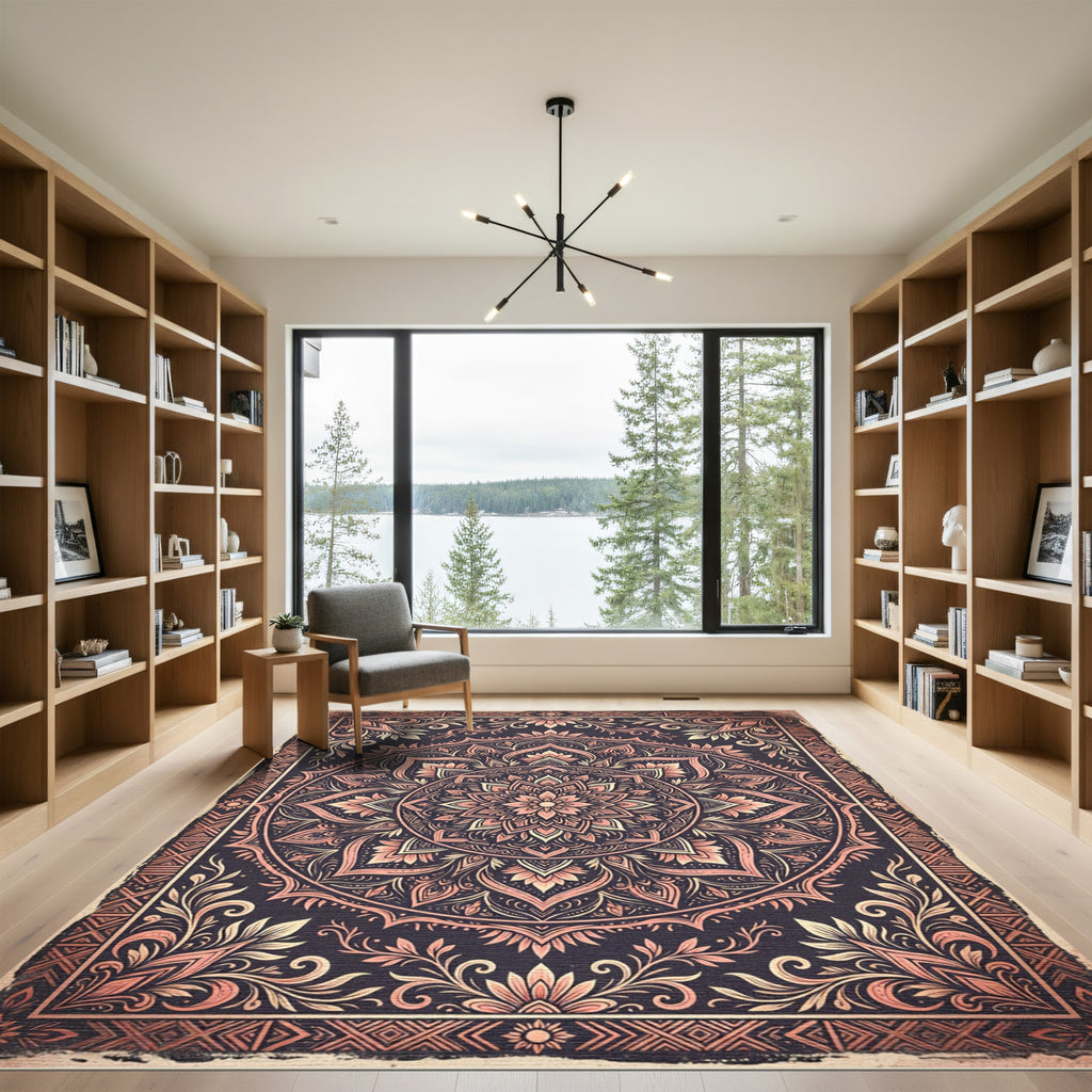 Blush and Charcoal Ornate Mandala Rug