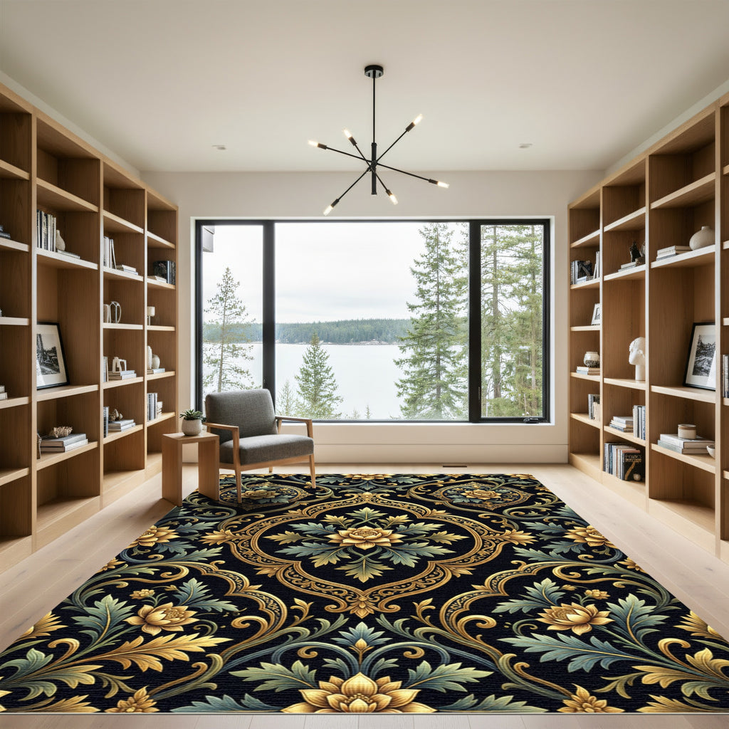 Gilded Black Floral Damask Scrollwork Rug