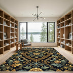 Gilded Black Floral Damask Scrollwork Rug