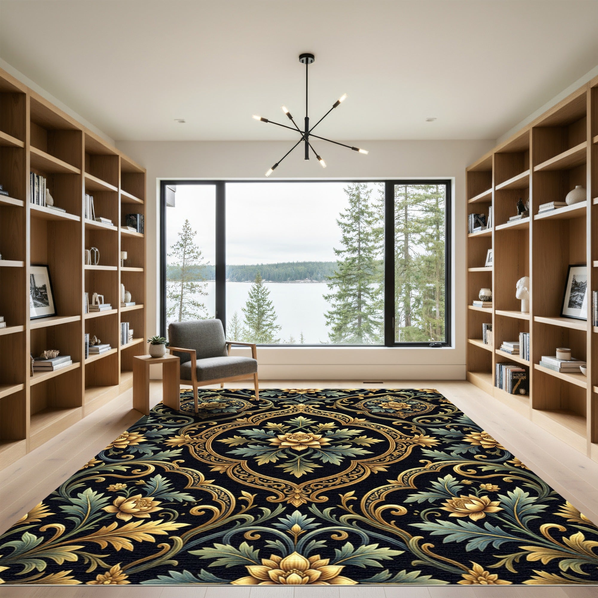 Gilded Black Floral Damask Scrollwork Rug