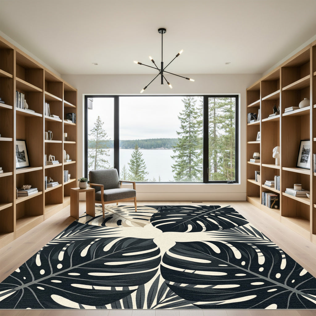 Monochrome Tropical Monstera Leaf Art Rug