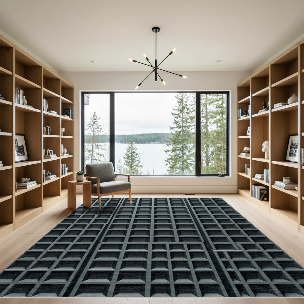 Minimalist Charcoal Matte Grid Sculptural Rug