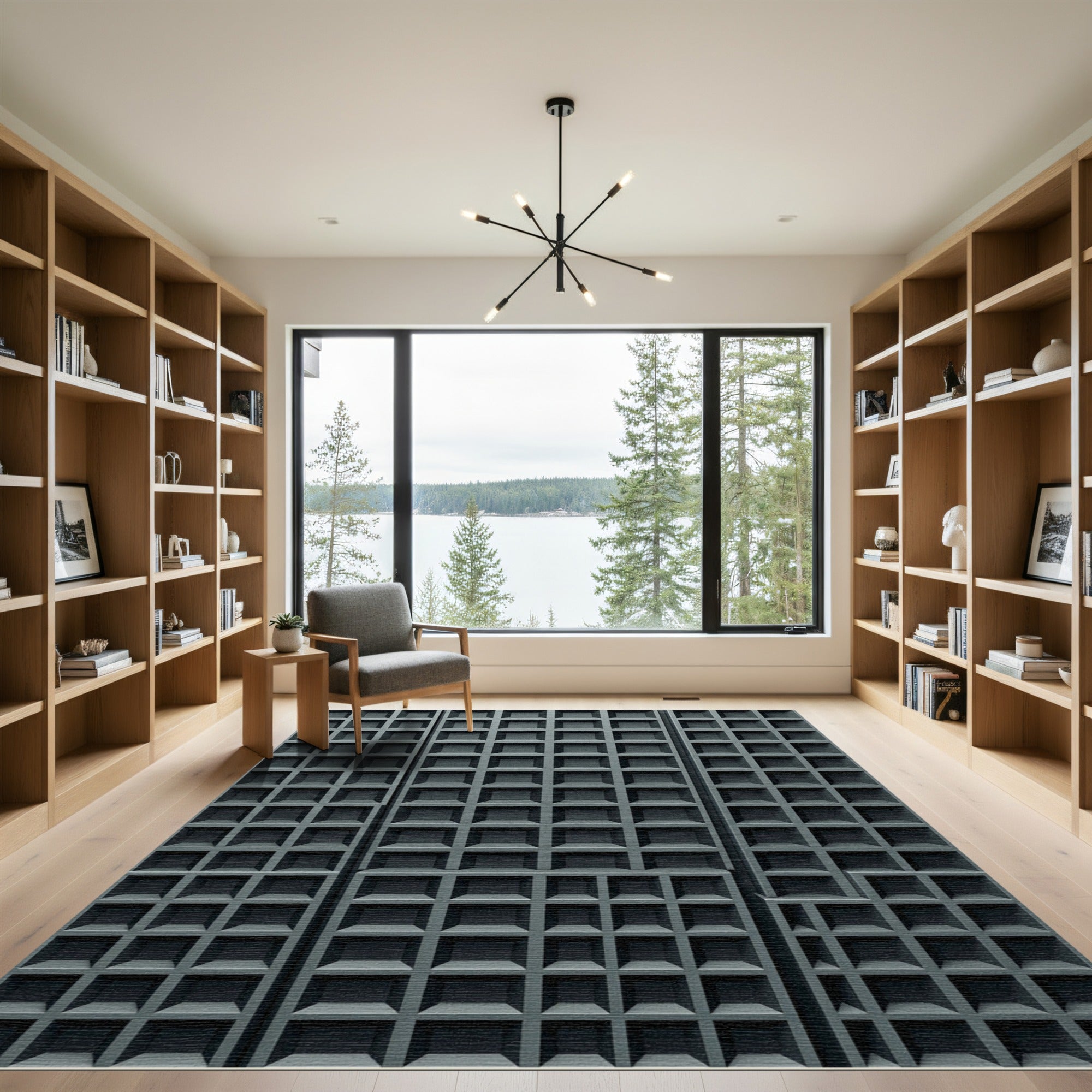 Minimalist Charcoal Matte Grid Sculptural Rug