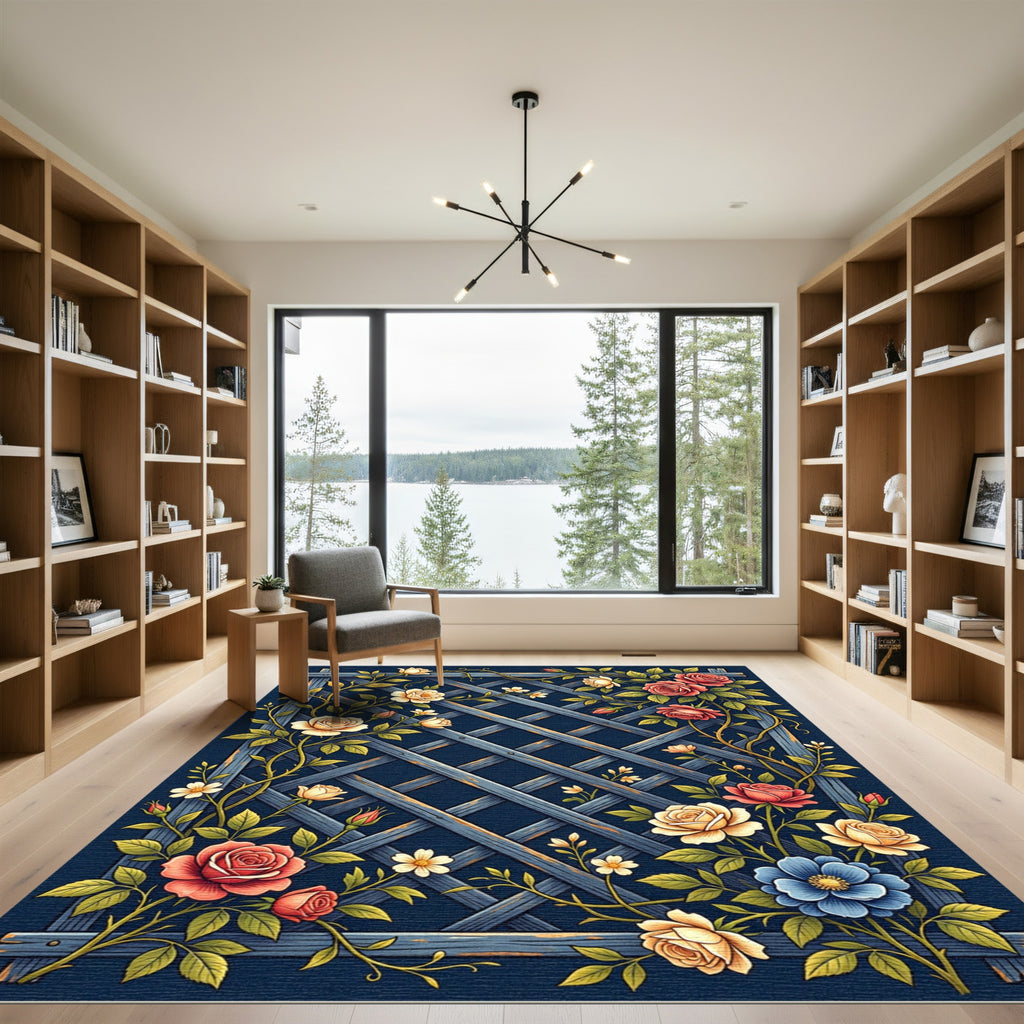 Vintage Rose Trellis Navy Lattice Rug