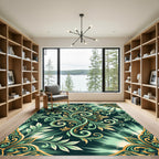Ornate Teal Gold Floral Swirl Rug