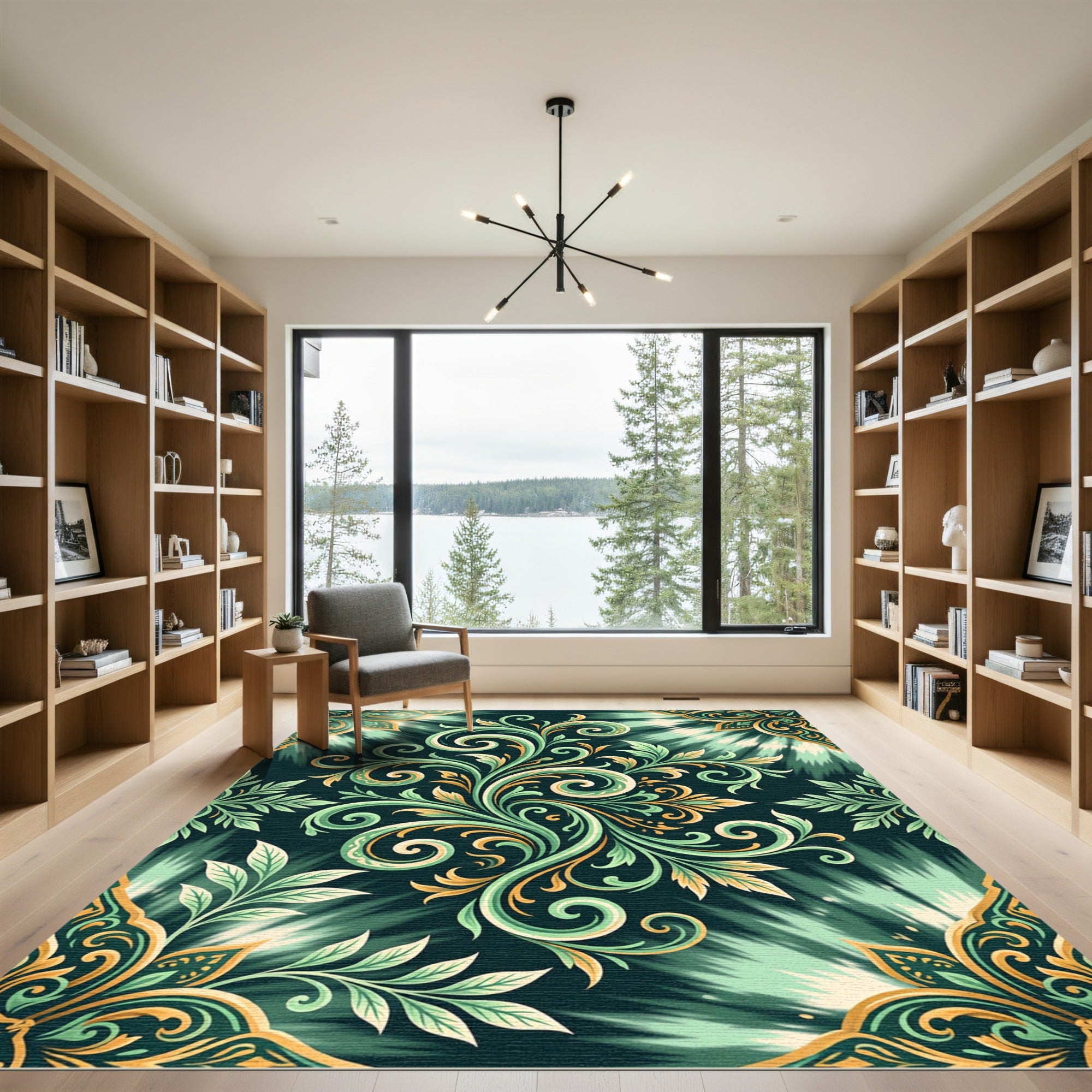 Ornate Teal Gold Floral Swirl Rug