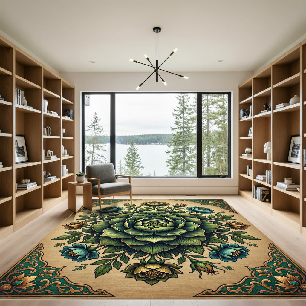 Emerald Green Floral Symmetry Medallion Rug