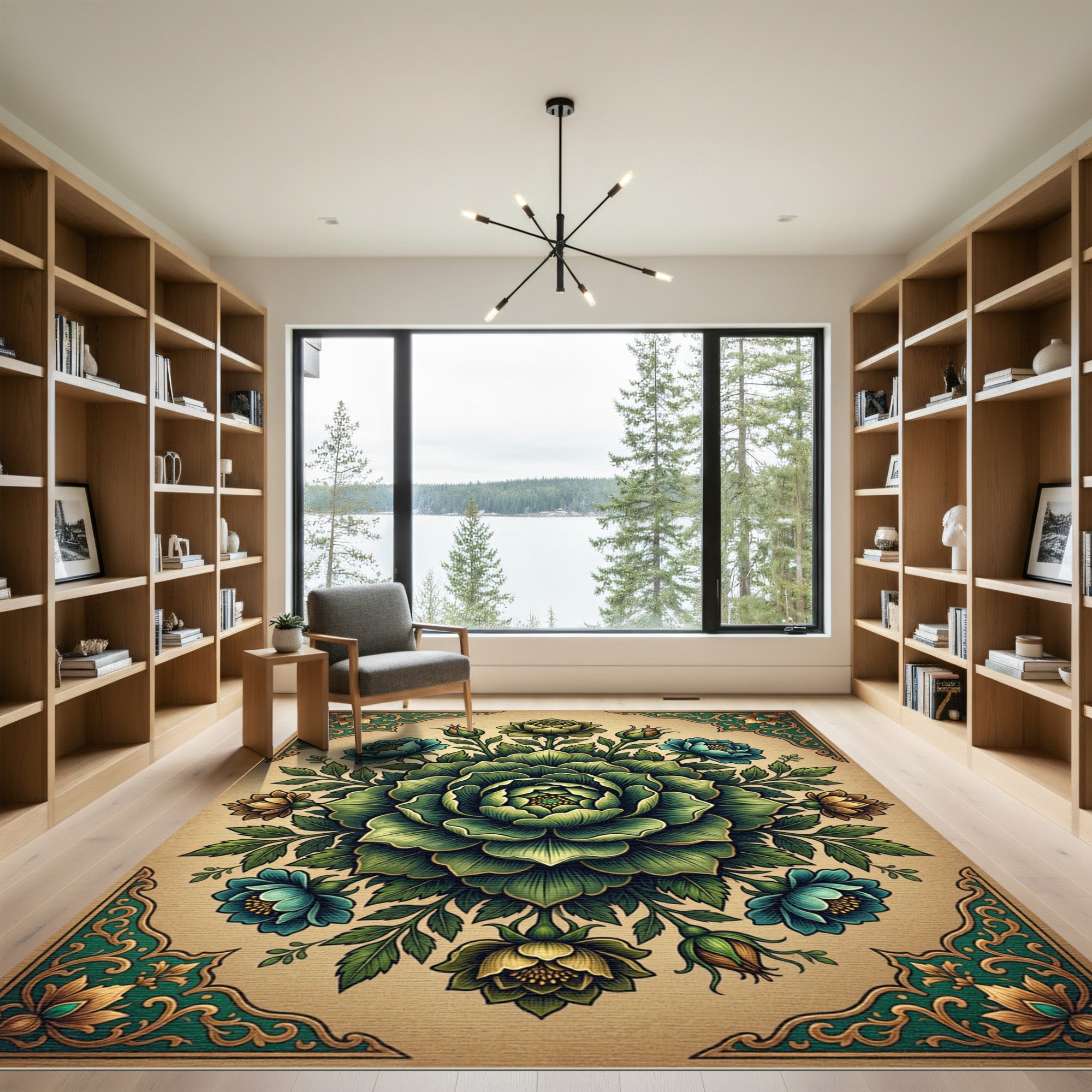Emerald Green Floral Symmetry Medallion Rug