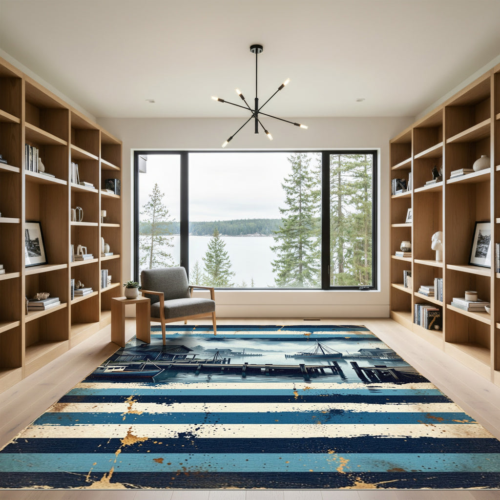 Coastal Harbor Scene Blue Striped Rug