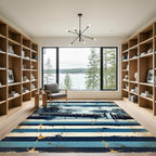 Coastal Harbor Scene Blue Striped Rug
