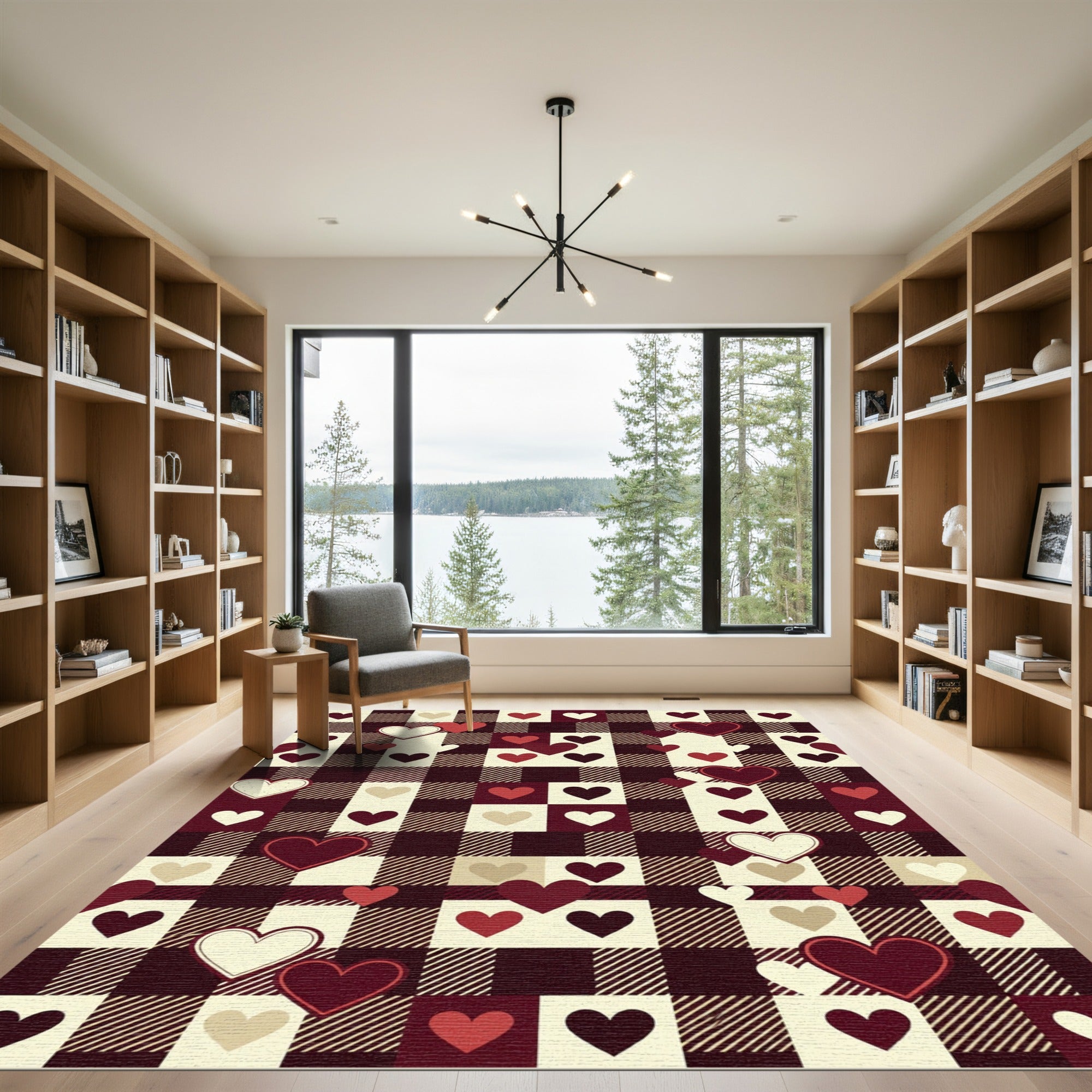 Rustic Red Cream Heart Buffalo Check Rug