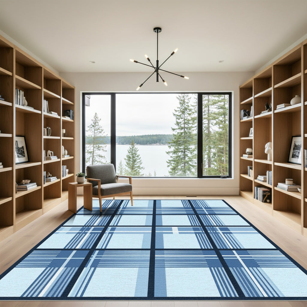 Light Blue Grid Plaid Check Rug