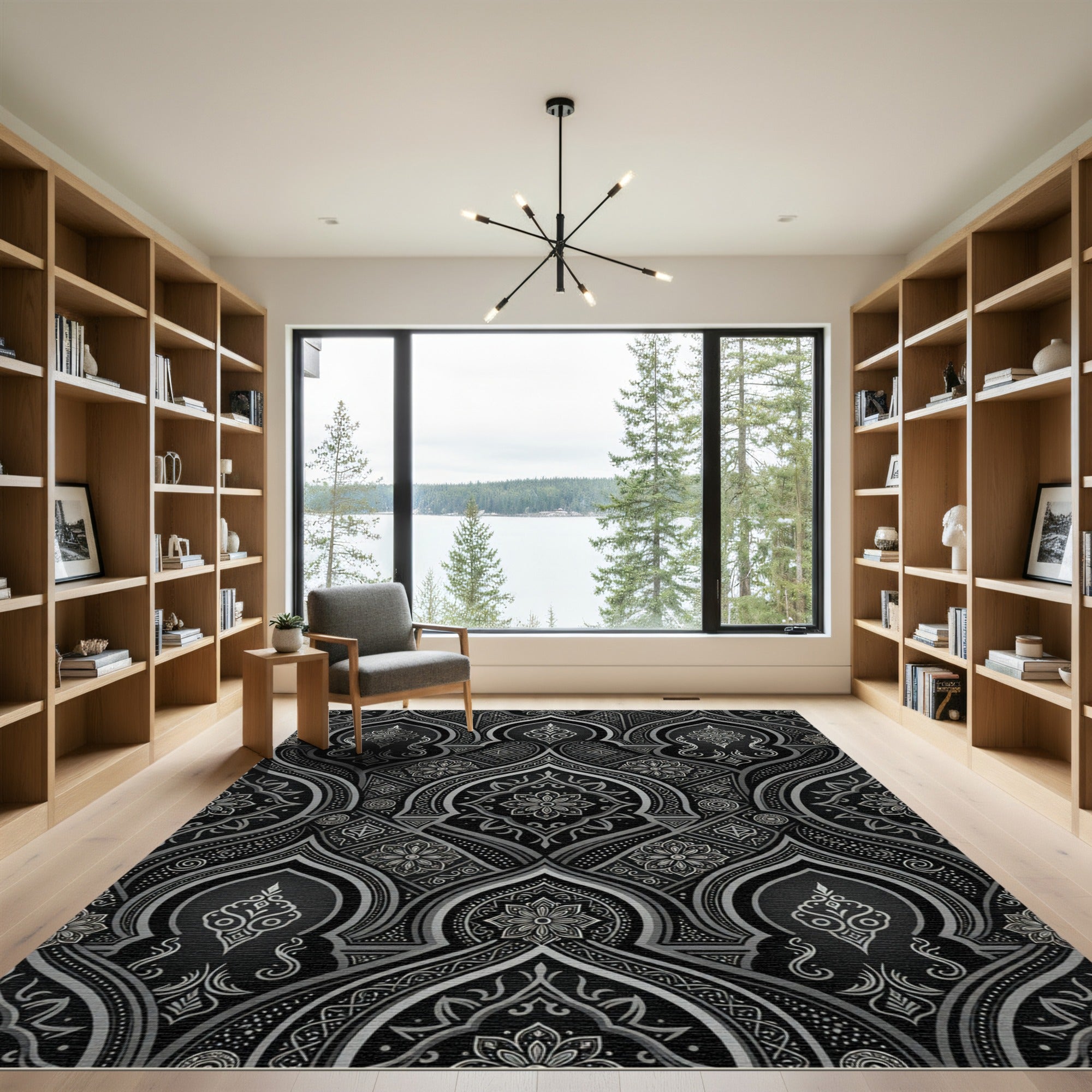 Intricate Black and Silver Floral Arches Rug