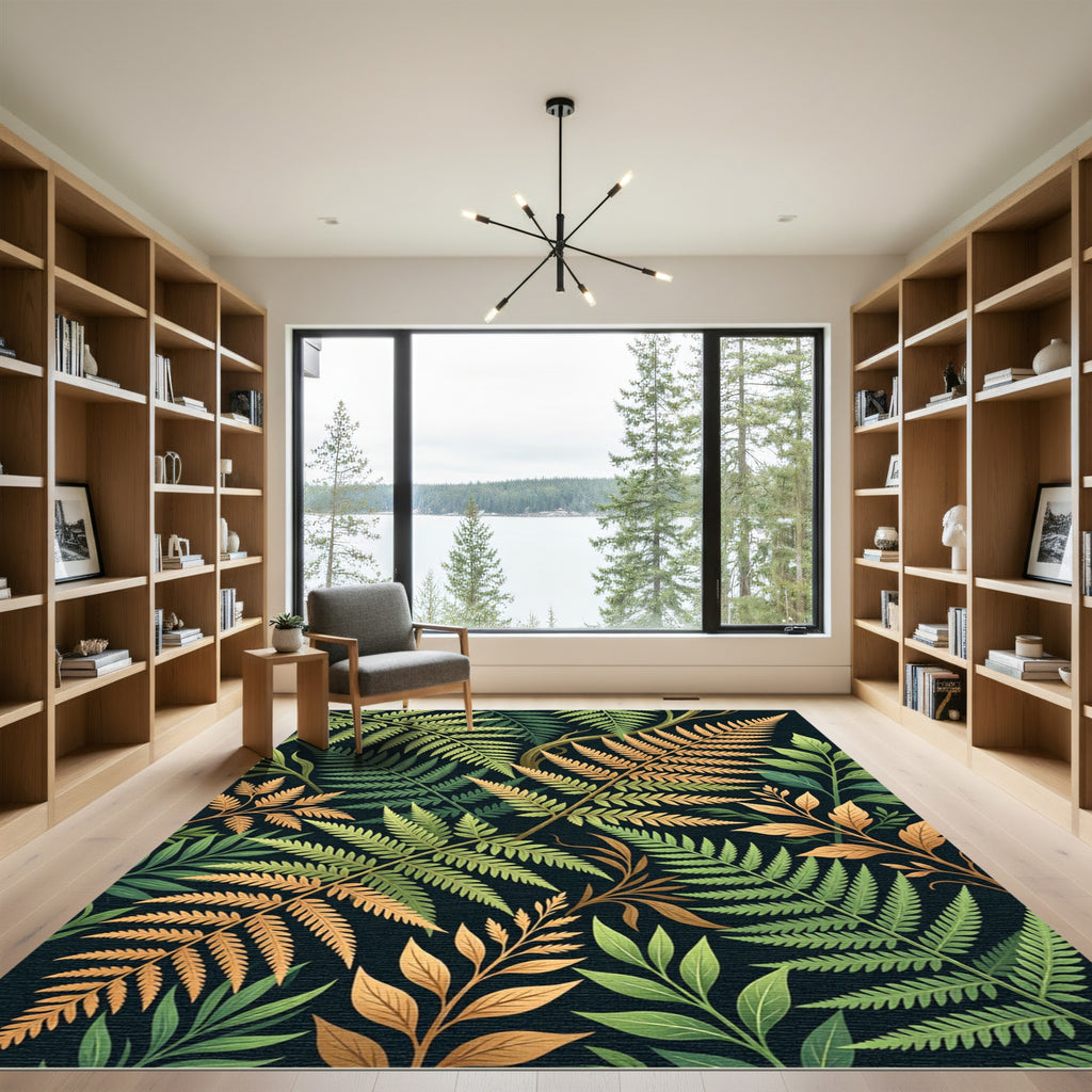 Lush Tropical Fern Golden Foliage Rug