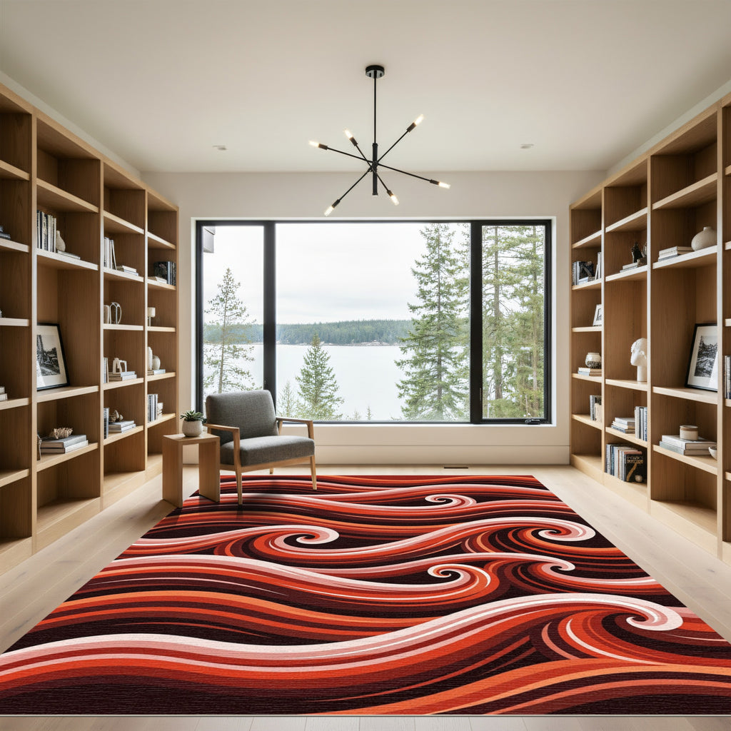 Crimson Orange Swirling Waves Rug