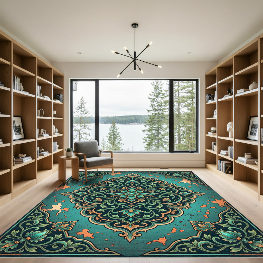 Teal Botanical Medallion with Copper Accents Rug