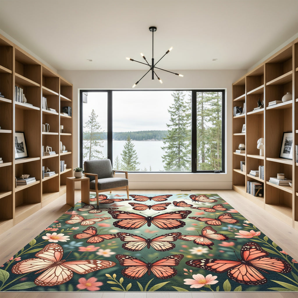 Whimsical Peach Butterfly Garden Meadow Rug