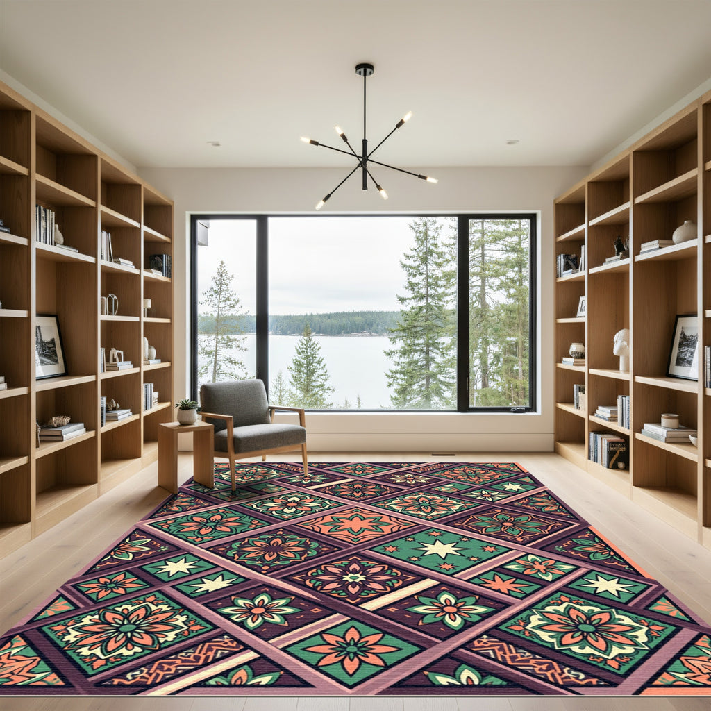 Terracotta Green Floral Diamond Collage Rug