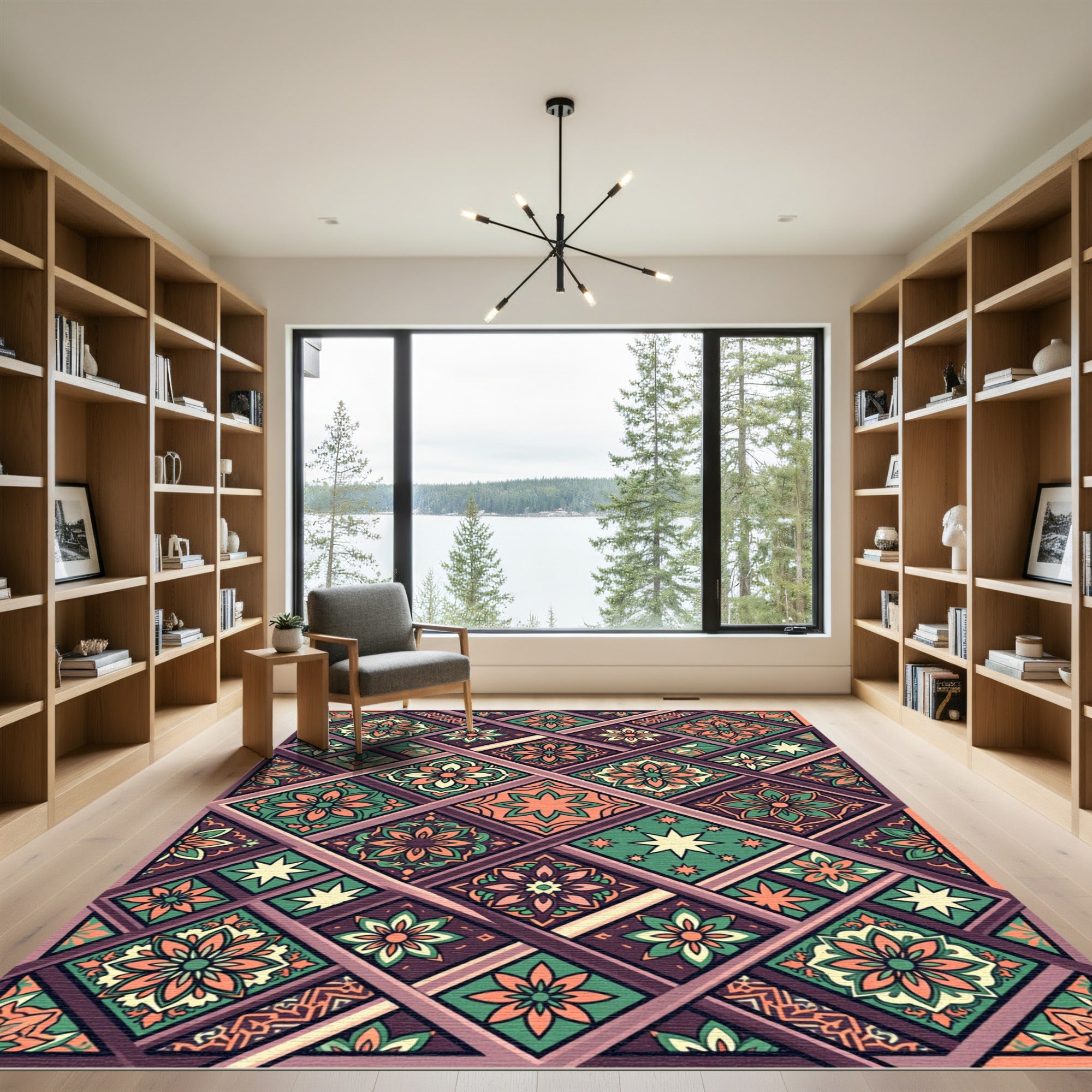 Terracotta Green Floral Diamond Collage Rug