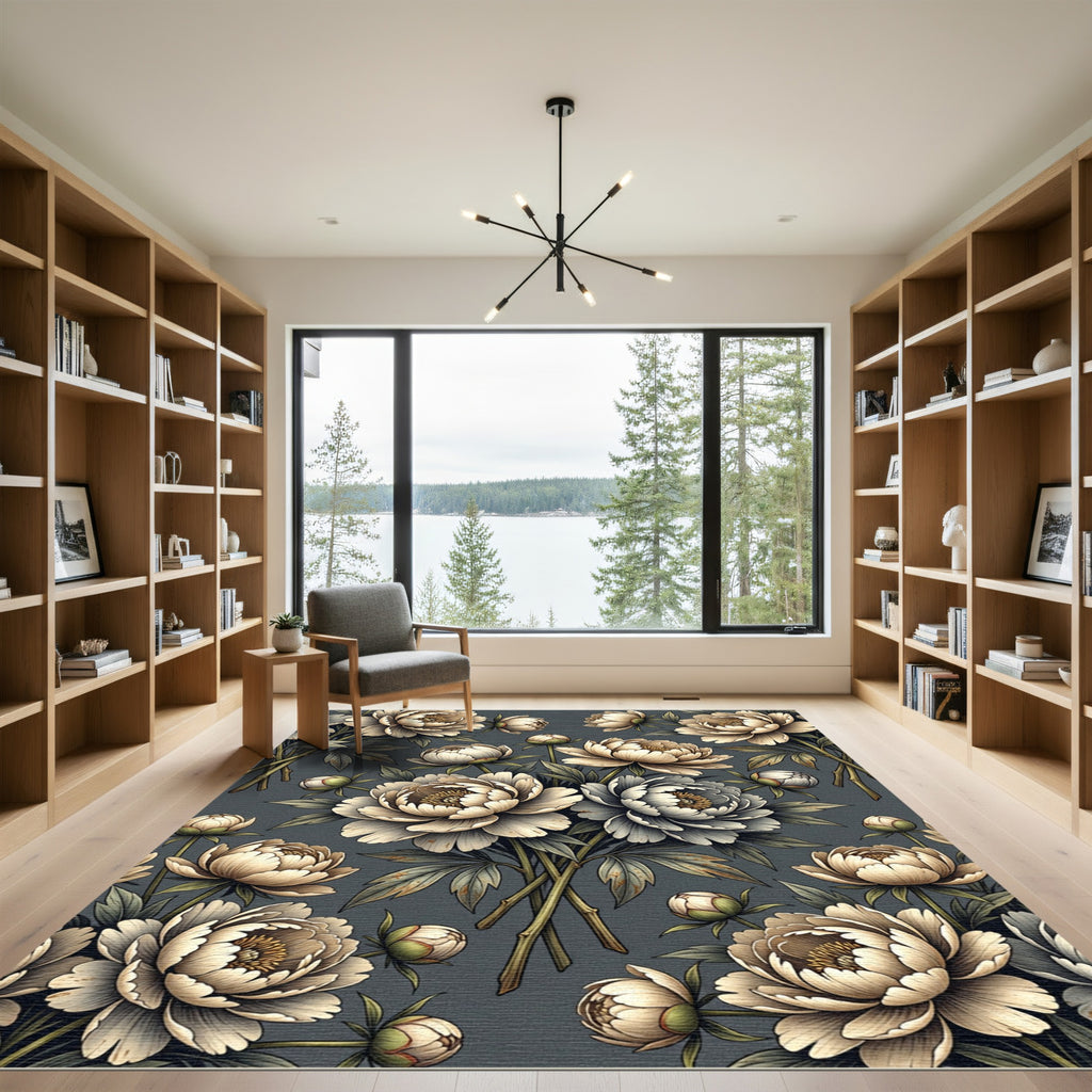 Elegant Cream Peony Floral Slate Background Rug