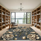 Elegant Cream Peony Floral Slate Background Rug