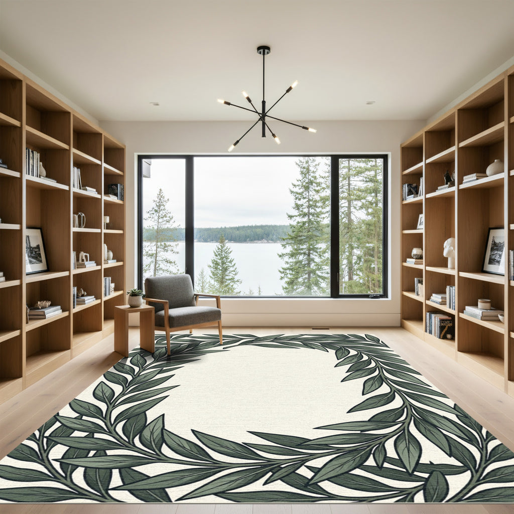 Deep Green Leafy Wreath Frame Rug