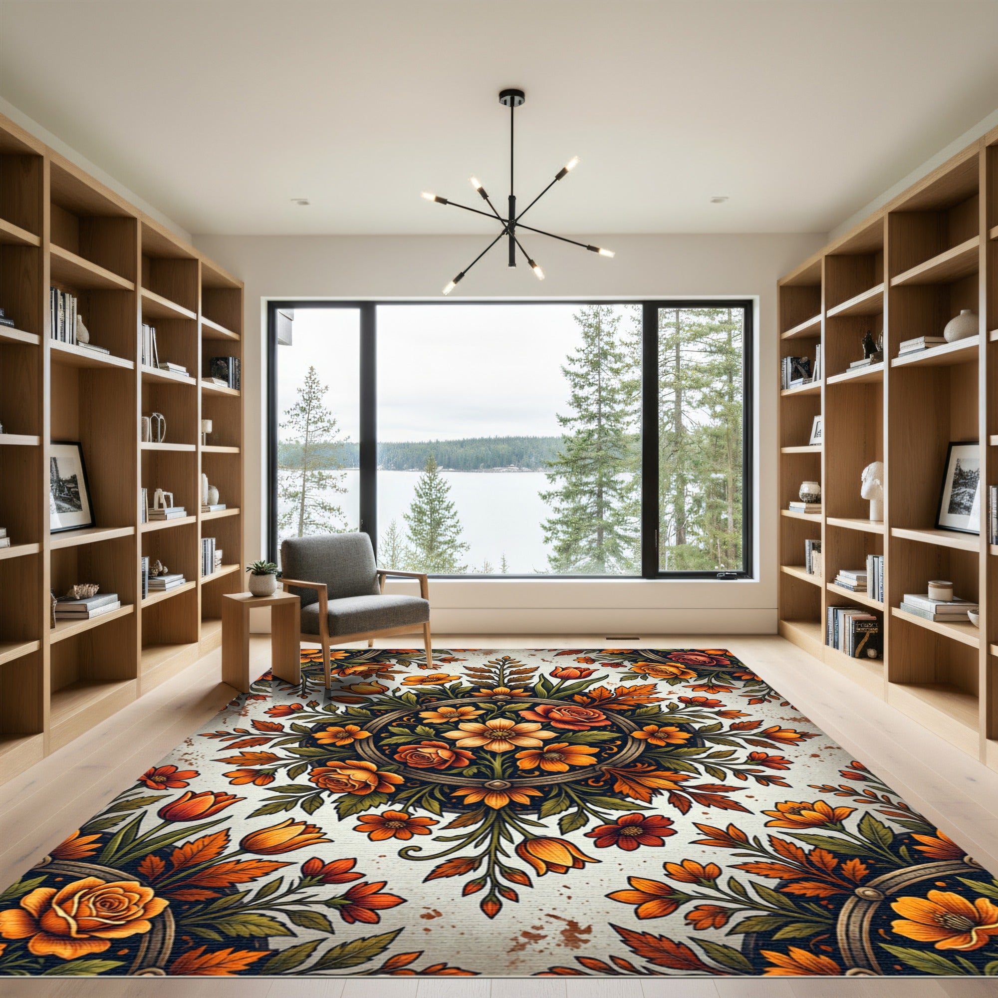 Autumnal Golden Floral Medallion Rug