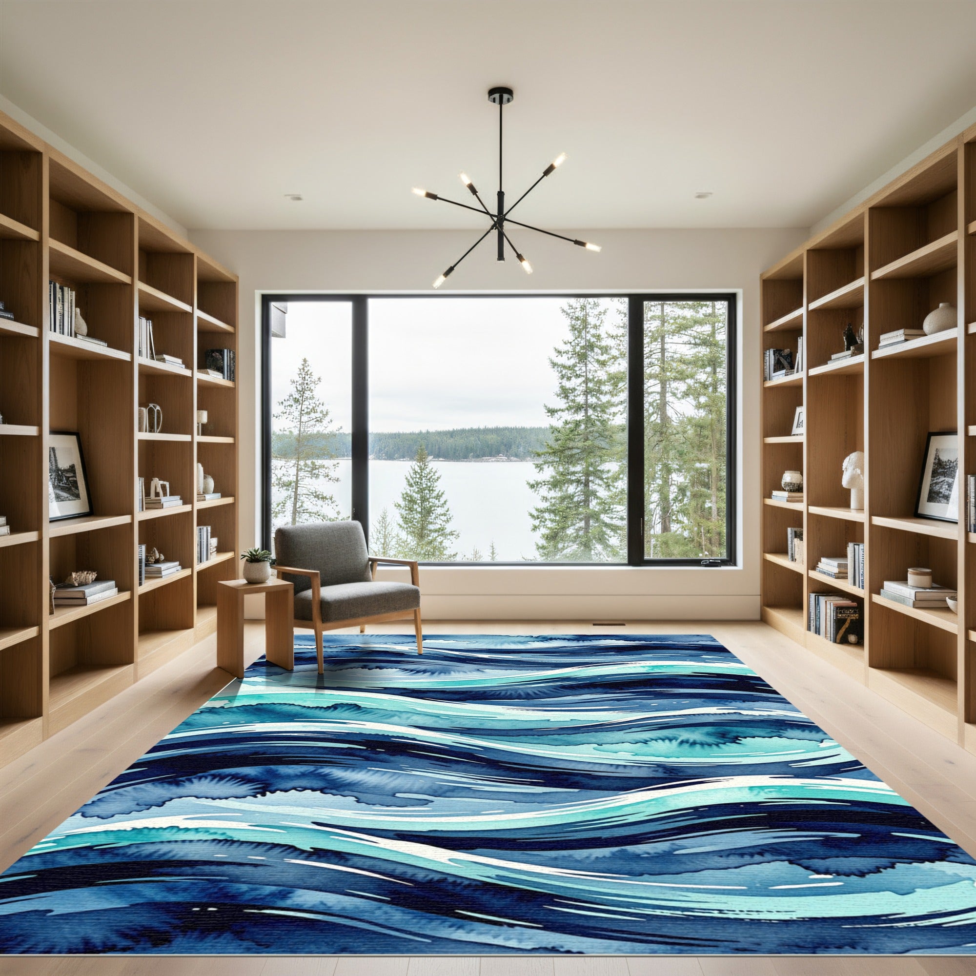 Modern Indigo Abstract Ocean Wave Rug