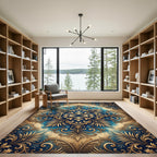 Gold Ornate Foliage Blue Damask Scroll Rug