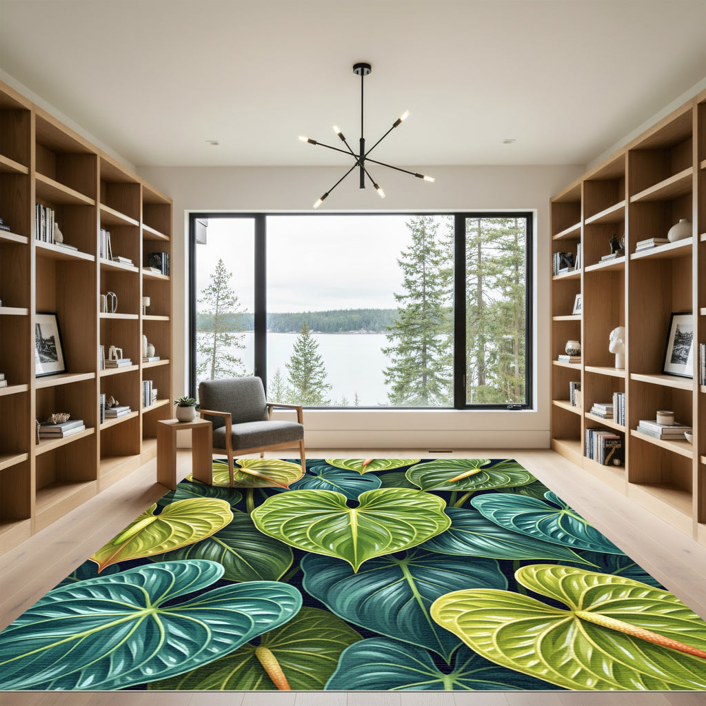 Lush Tropical Anthurium Leaf Botanical Art Rug