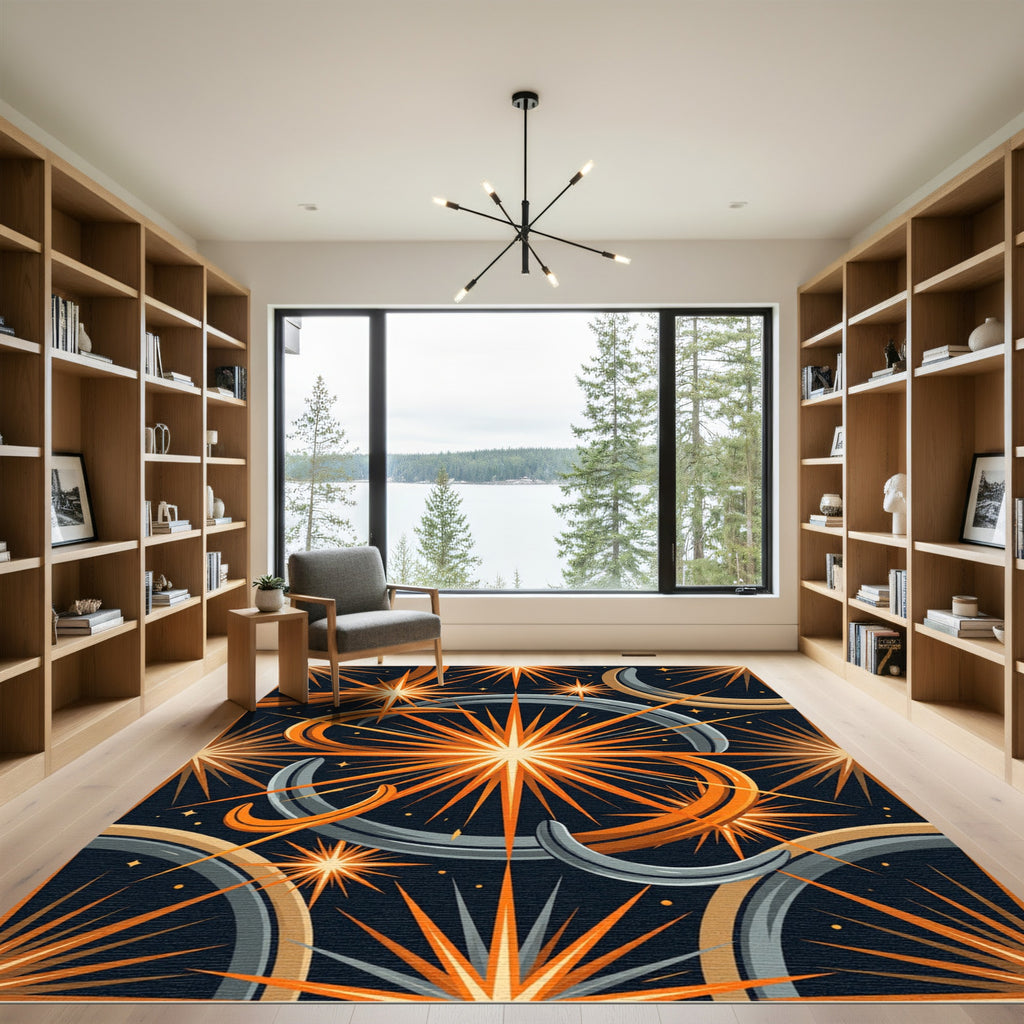Cosmic Orange Starry Celestial Swirl Rug