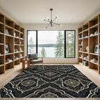 Elaborate Gold Medallion Black Lattice Rug