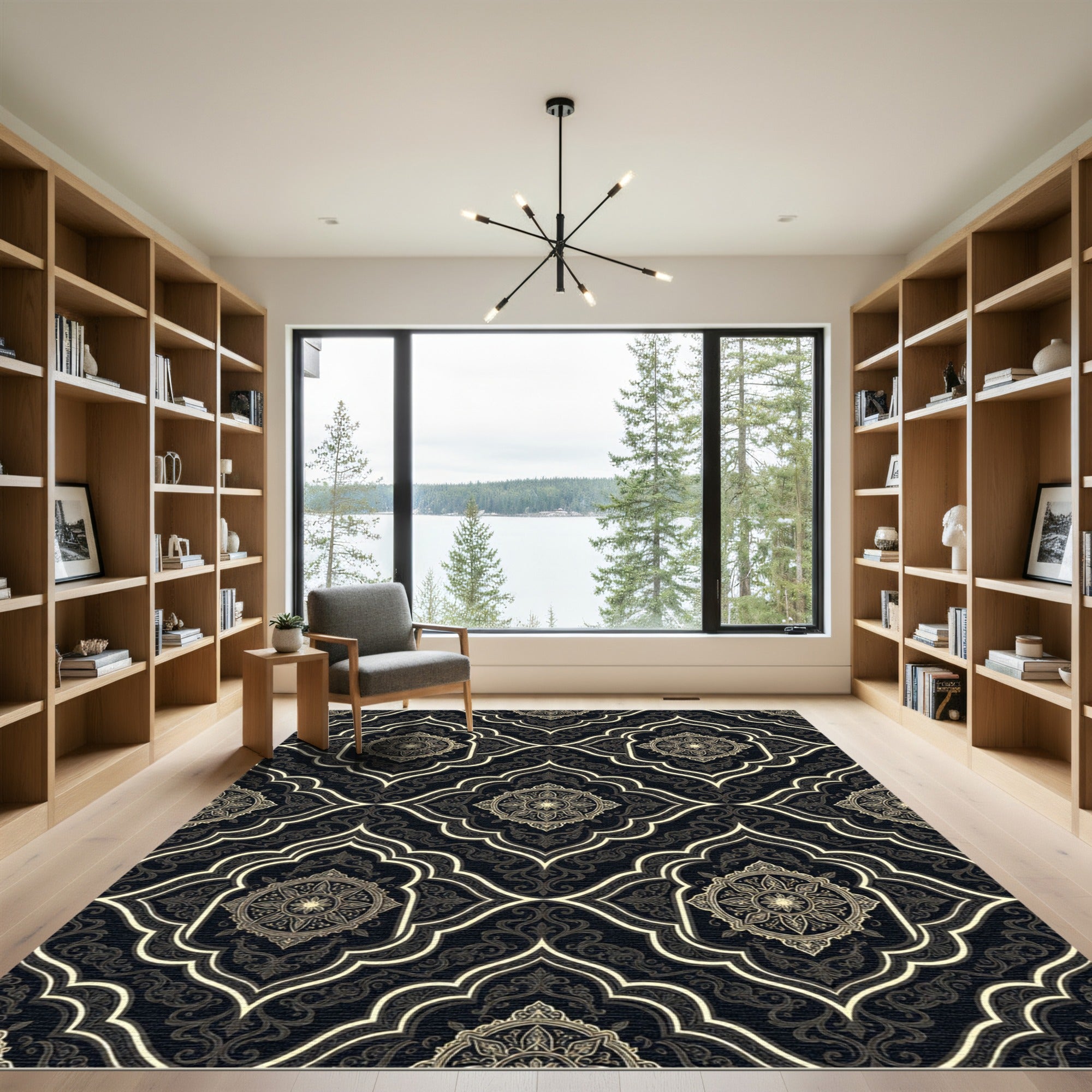 Elaborate Gold Medallion Black Lattice Rug