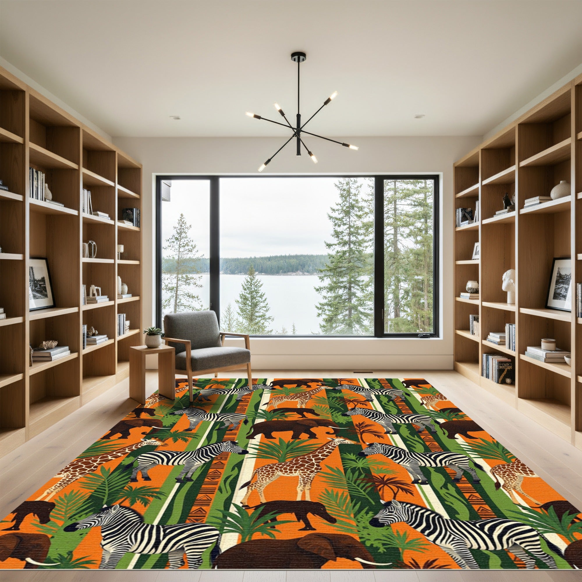 Vibrant Orange African Wildlife Safari Rug