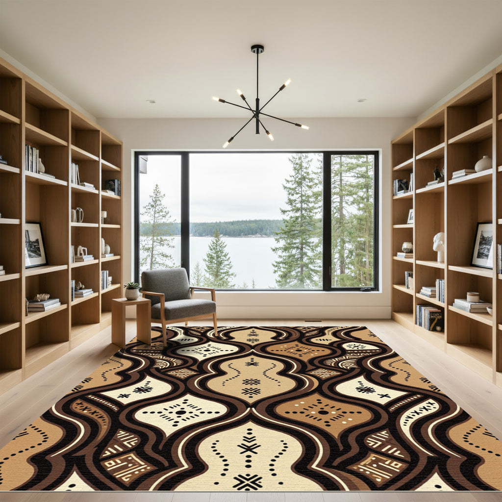 Earthy Brown Linear Tribal Geometric Rug