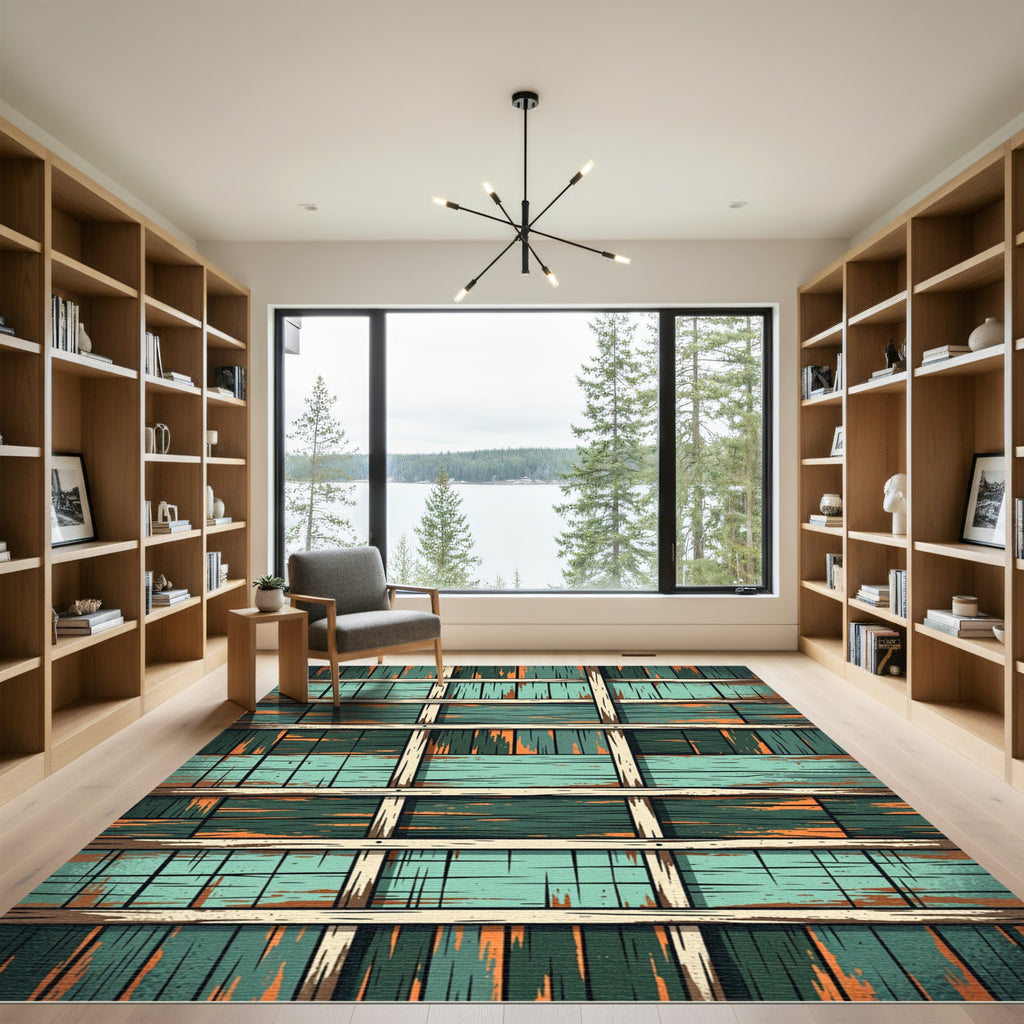 Rustic Teal Wood Plank Weave Rug