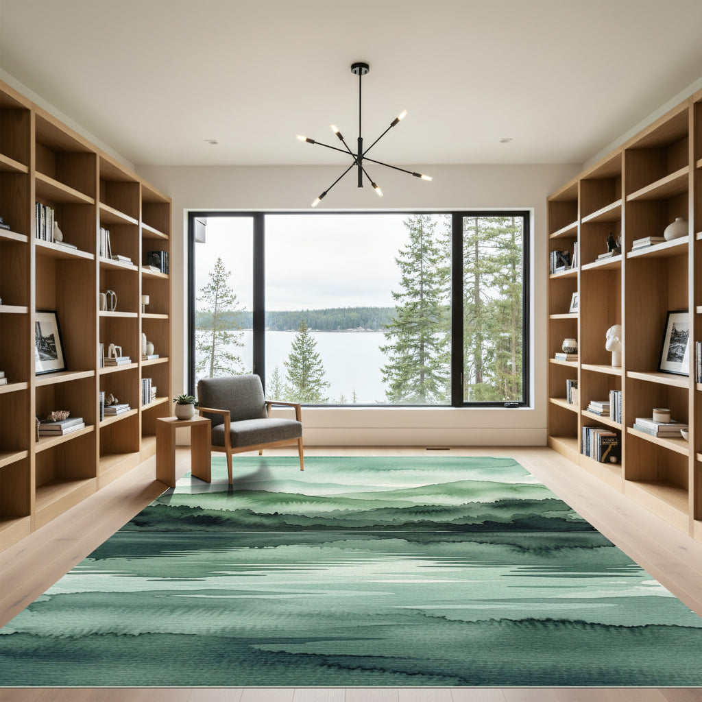 Serene Watercolor Green Mountain Lake Landscape Rug