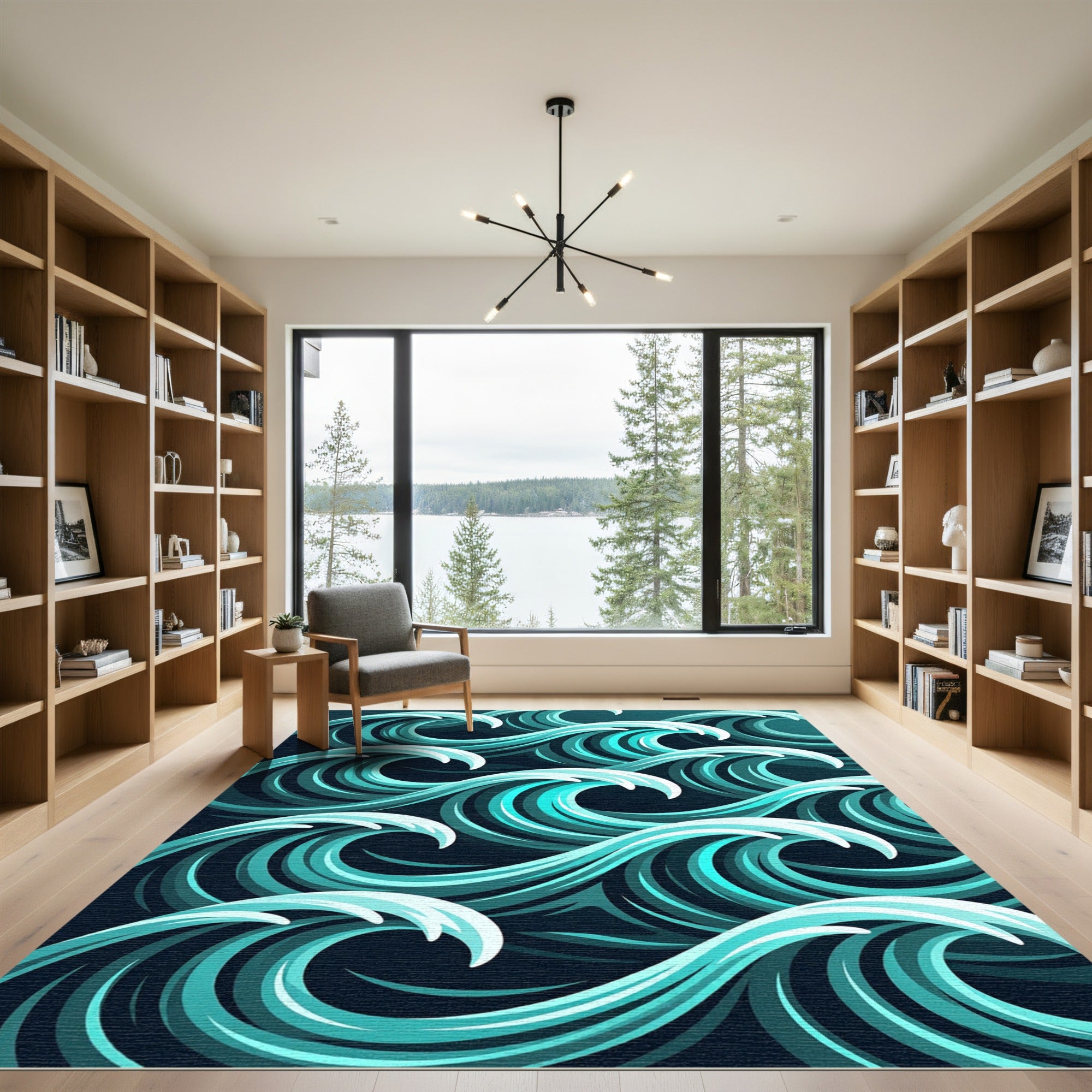 Abstract Teal Oceanic Curving Wave Rug
