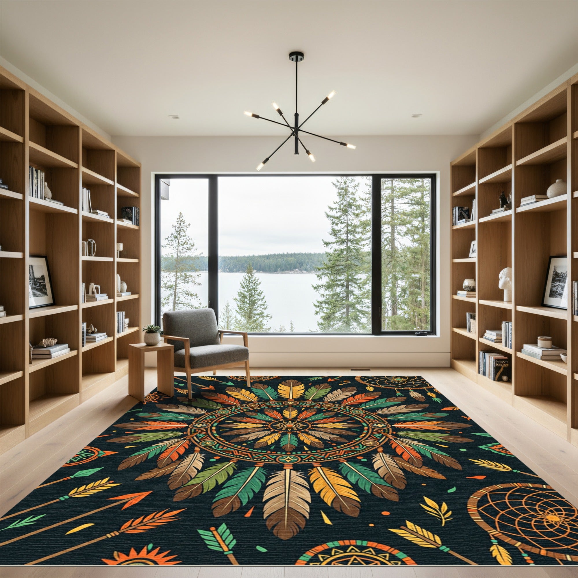 Vibrant Boho Feather Mandala Medallion Rug