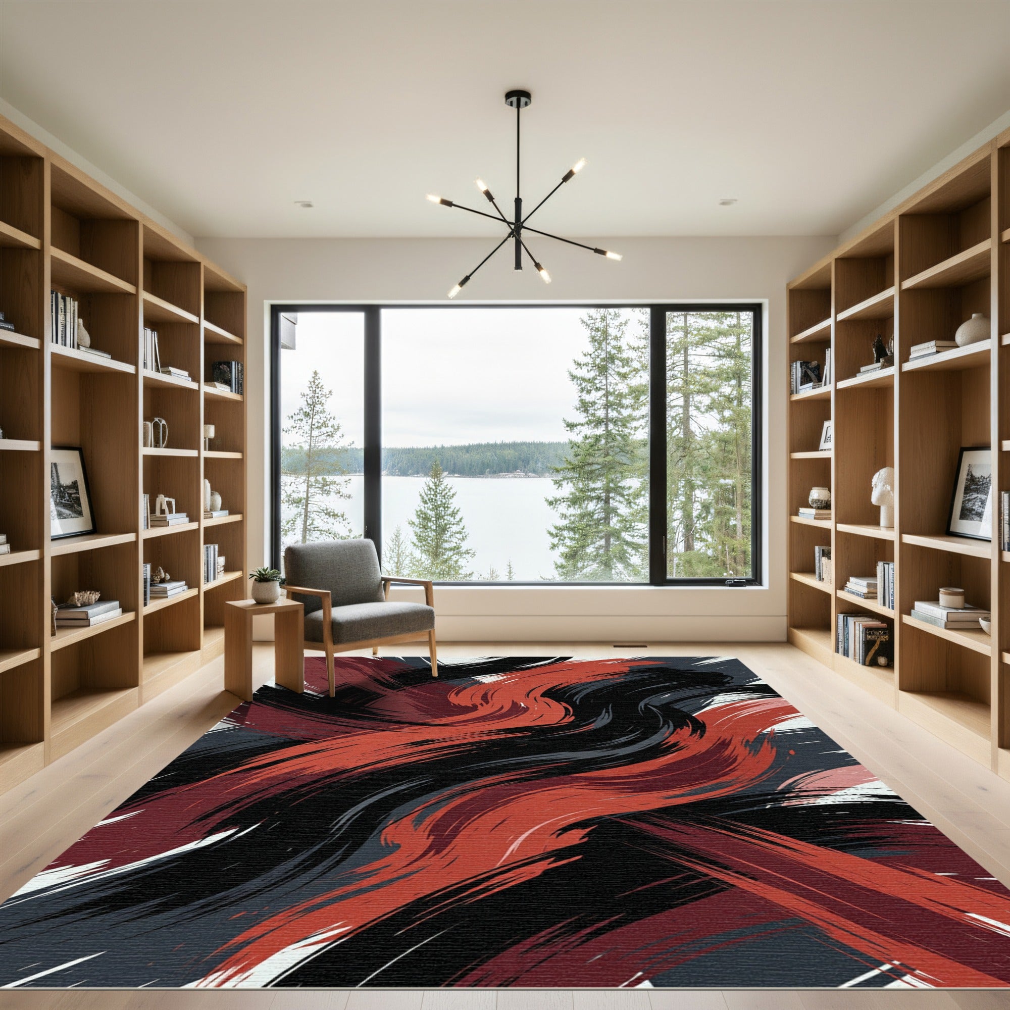 Bold Crimson and Charcoal Abstract Sweep Rug