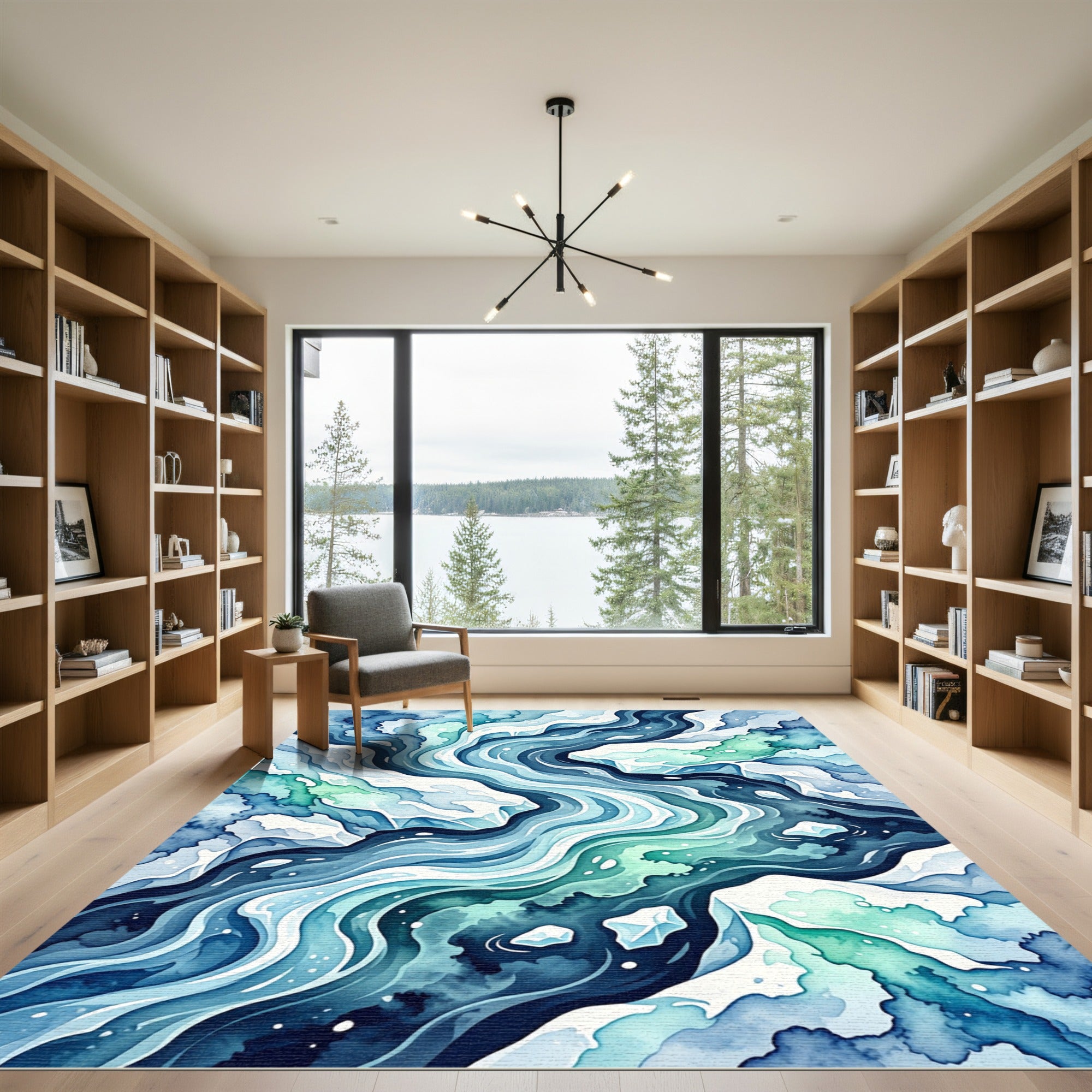Abstract Blue Watercolor Ocean Wave Rug