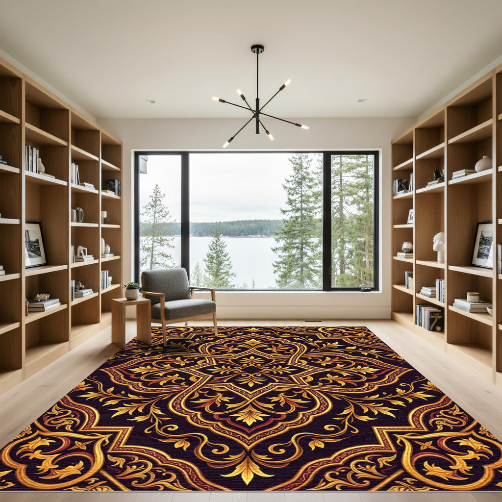 Ornate Golden Floral Damask Scroll Rug