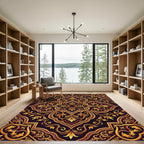 Ornate Golden Floral Damask Scroll Rug
