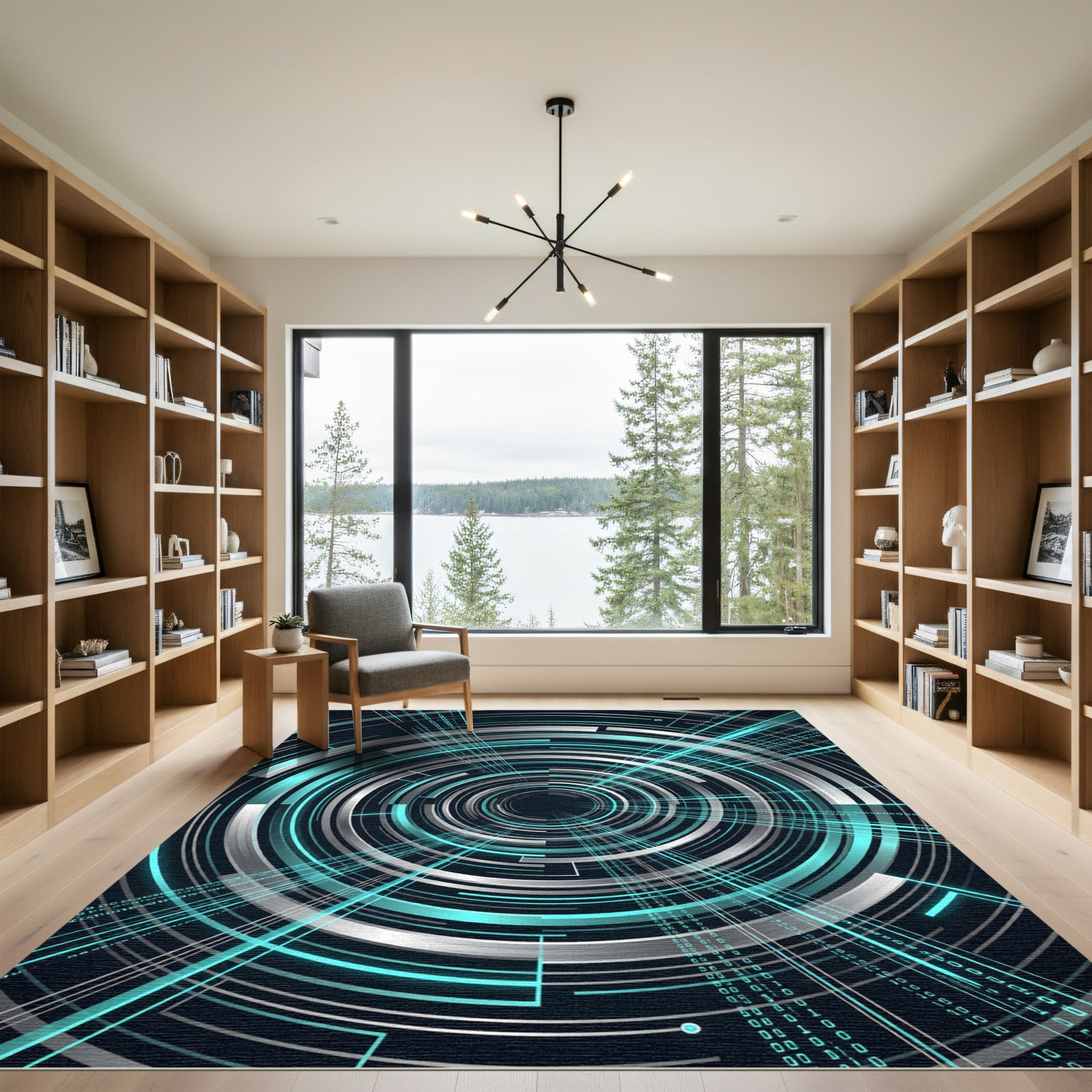 Futuristic Glowing Teal Concentric Cyber Circle Rug