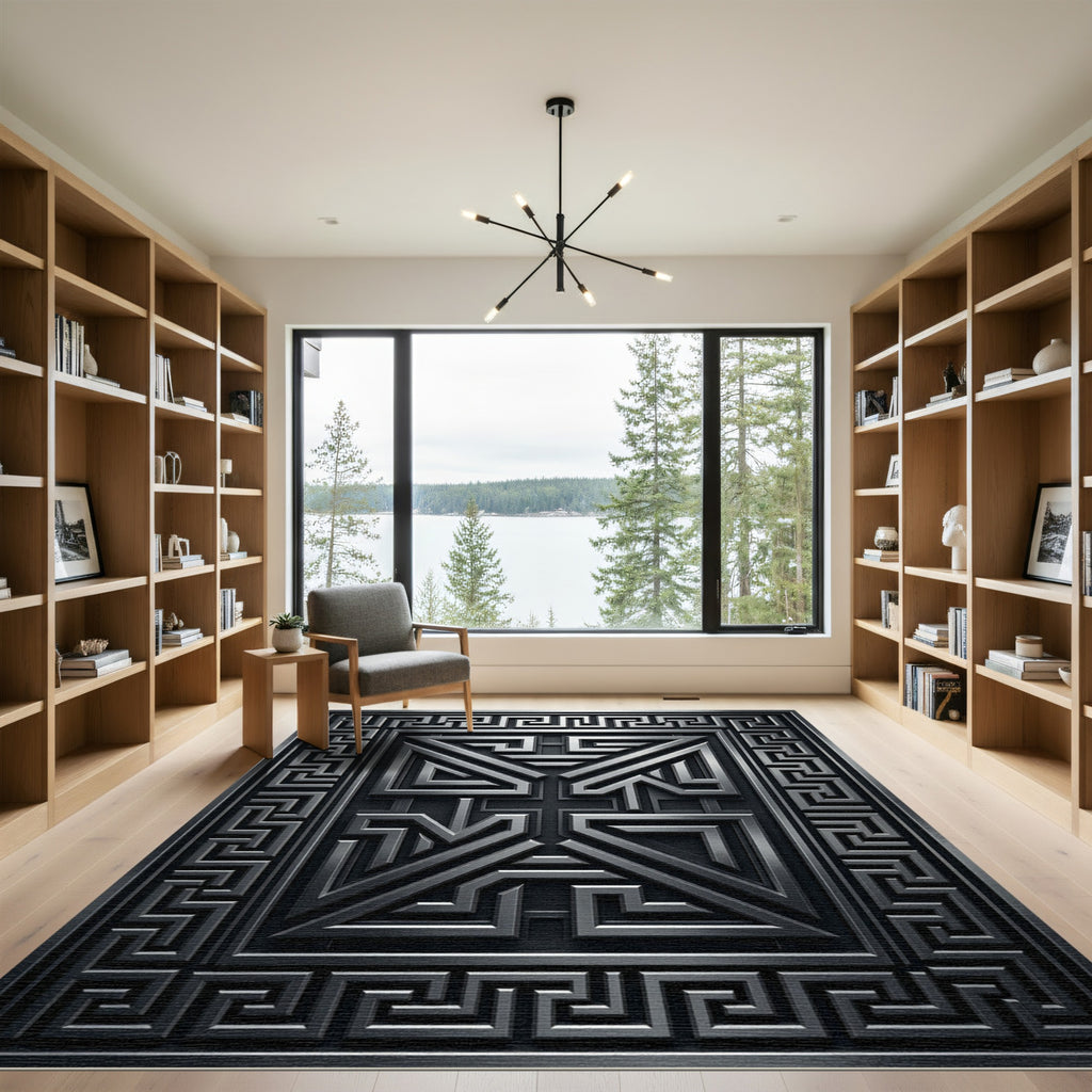Dark Gray Geometric Maze Relief Rug