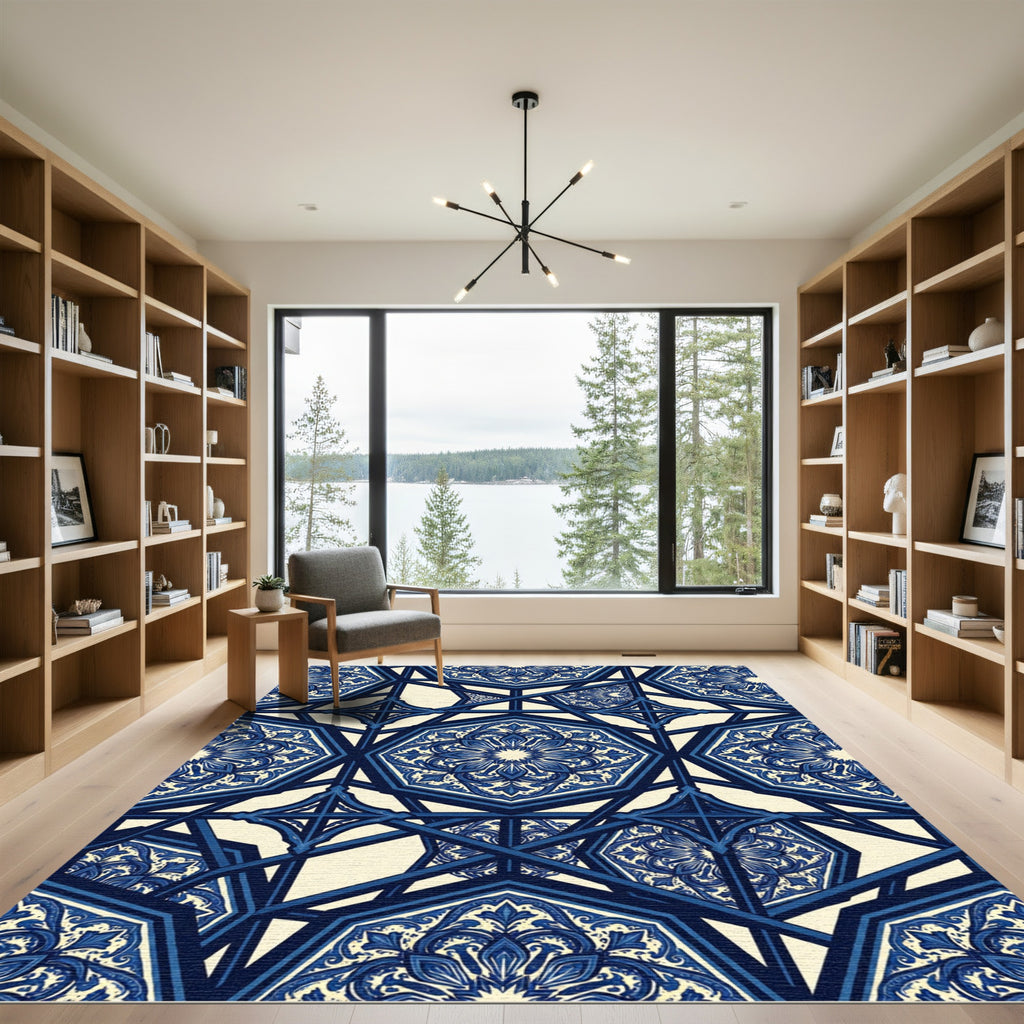 Indigo Blue Geometric Floral Medallion Rug