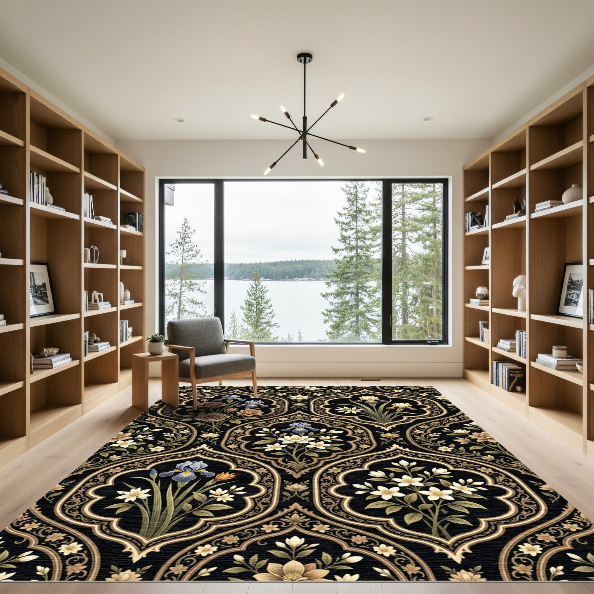 Black Floral Medallion Irises and Roses Rug