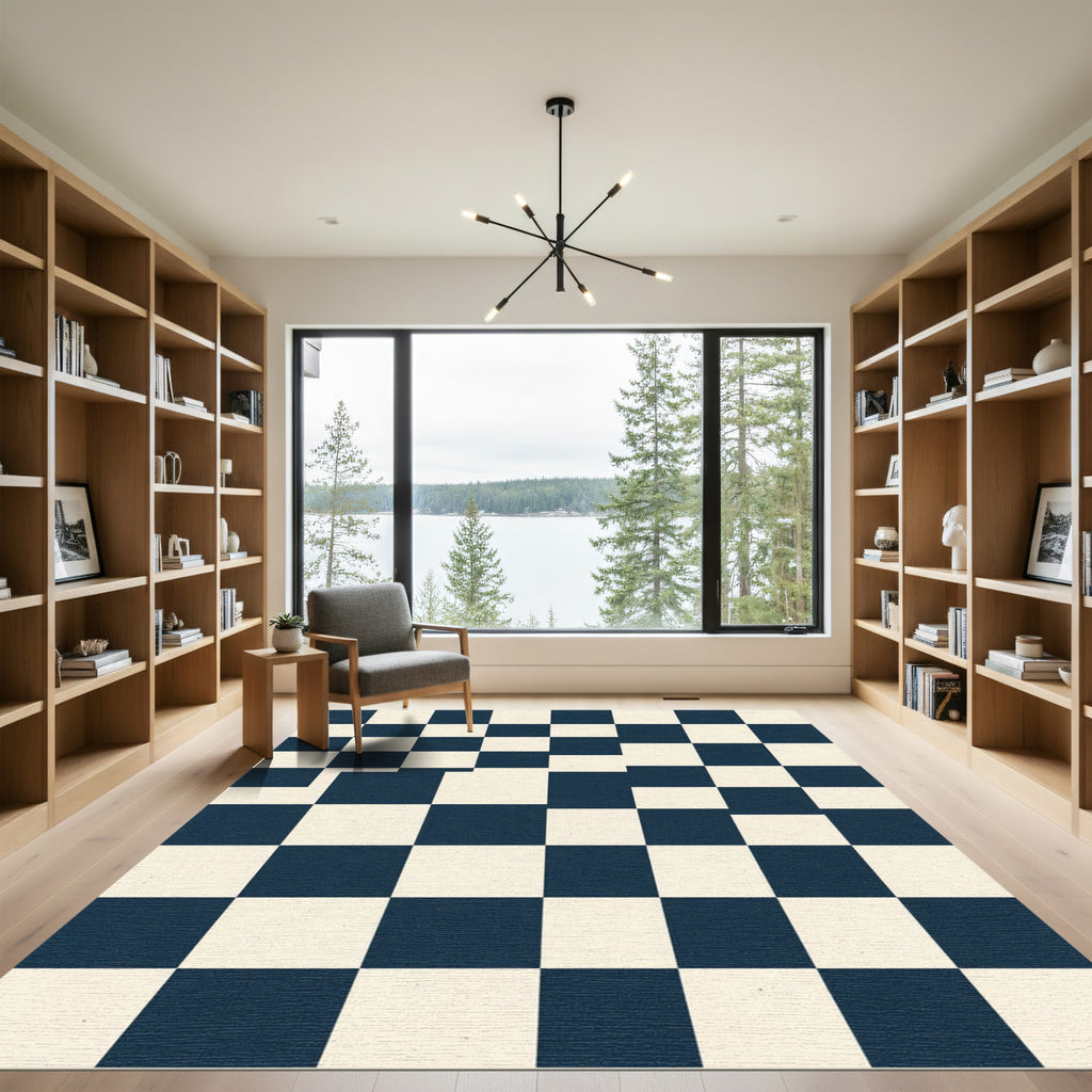 Deep Blue Cream Checkered Squares Rug