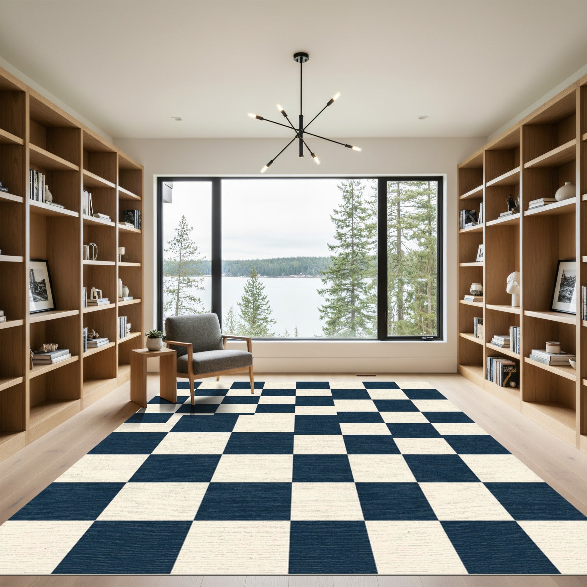 Deep Blue Cream Checkered Squares Rug